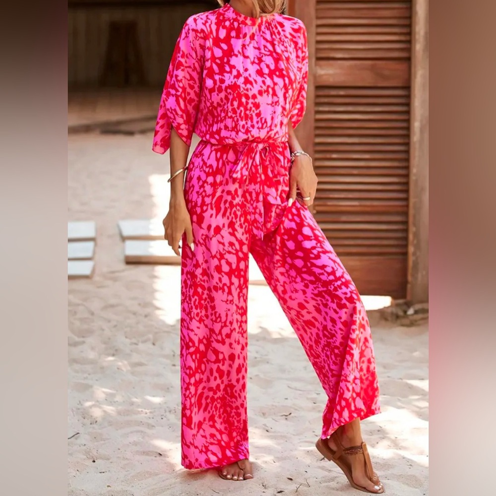 Wide Leg Leopard Hot Pink Jumpsuit with Ribbon Belt